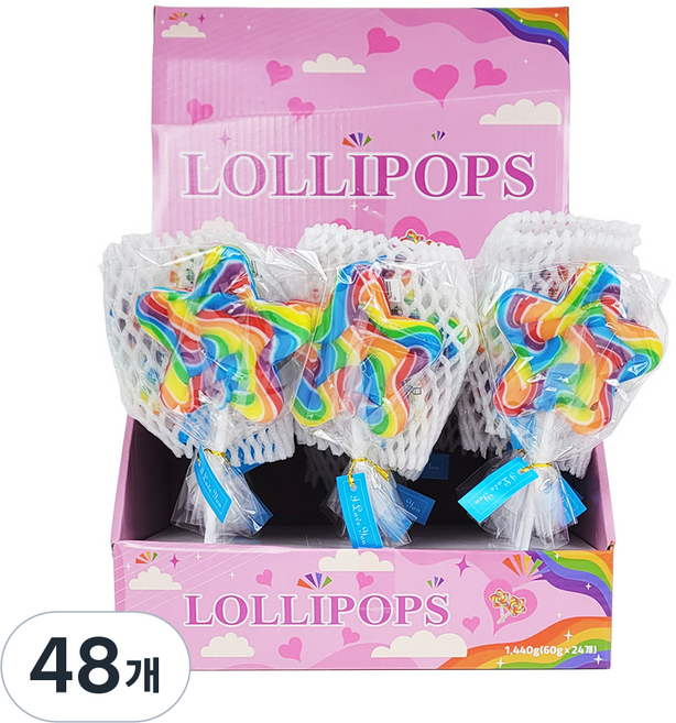 투데이 롤리팝 별모양 레인보우 막대사탕, 60g, 48개