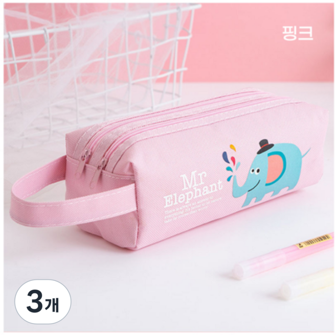 [모에즌] 동물친구들 필통 파우치 펜슬케이스, 핑크, 3개