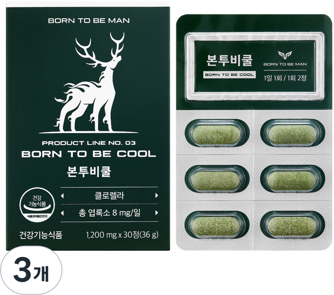 본투비맨 본투비쿨 클로렐라 엽록소 활성산소 관리, 3개, 30정