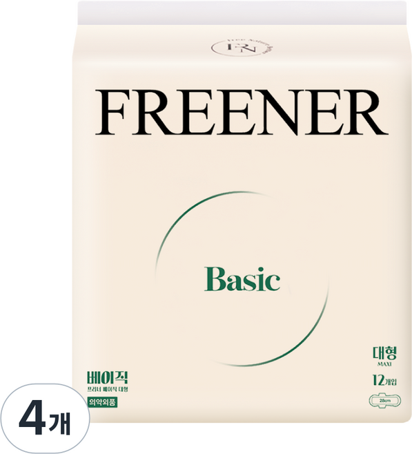 프리너 베이직 유기농 생리대 날개형, 대형, 12개입, 4개