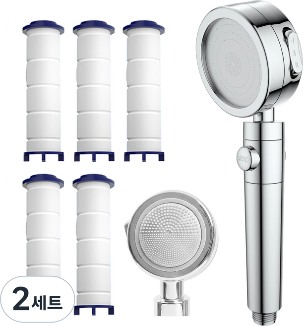 Ataasha 필터 샤워기 고압 3단조절 마사지샤워기 여행용 샤워기헤드, 실버, 2세트