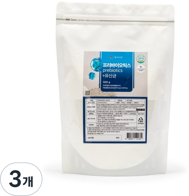 백세식품 프리바이오틱스 + 유산균 분말 대용량 국내산 HACCP 인증제품, 500g, 3개