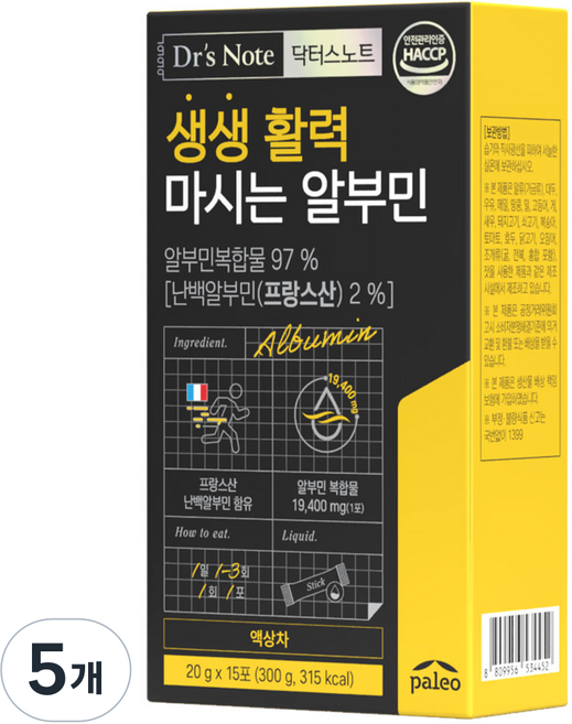 팔레오 닥터스노트 생생 활력 마시는 알부민 액상, 300g, 5개