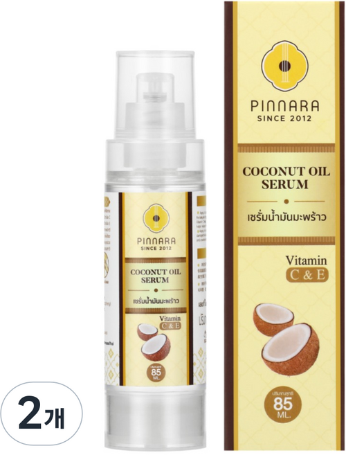 PINNARA 핀나라 코코넛 오일 세럼 얼굴 바디 헤어 보습오일 비타민 C E 세럼 오일, 2개, 85ml