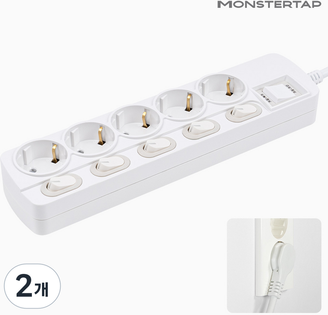 몬스터탭 국산 개별 절전 과부하차단 스위치 멀티탭 슬림 플러그, 개별 6구 화이트, 2개, 5m