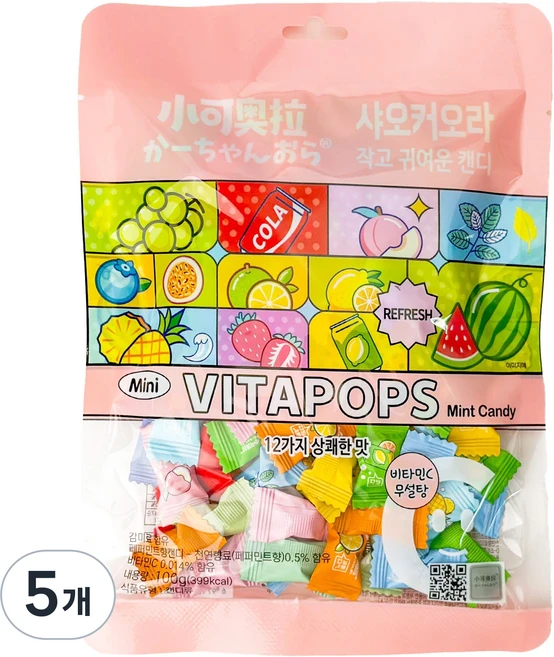 샤오커오라 민트향 비타민C 과일 12종 믹스 베트남 무설탕 사탕 캔디, 5개, 100g - 쿠팡