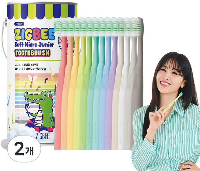 지그비 스탠딩 주니어 부드러운 초미세모 어린이 칫솔 엄마배우 Pick, 2개, 13개입, 혼합색상