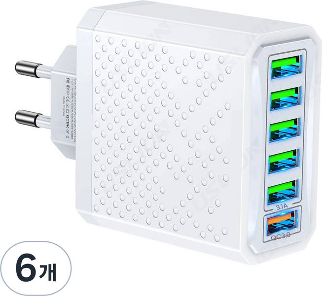18W 접지 초고속 충전기 8포트 6USB+QC3.0 적용애플 아이폰 아이패드 삼성 갤럭시 픽셀 고속 전원 어댑터SJCDTBK, 6개, 흰색