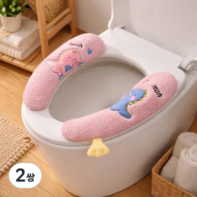 오니홈 고급형 포근한 변기시트커버 / 극세사 벨크로 부착형, 2쌍, 핑크