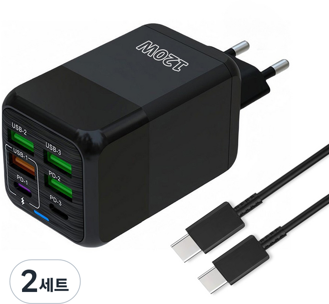 6in1 c타입 고속 충전기 120W 4USB+2PD3.0 + C TO C 1M 100w 케이블 세트, 2세트, 블랙