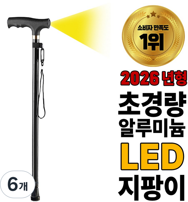 탑홀드 초경량 노인 어르신 길이조절용 지팡이, 6개, 블랙 원레그