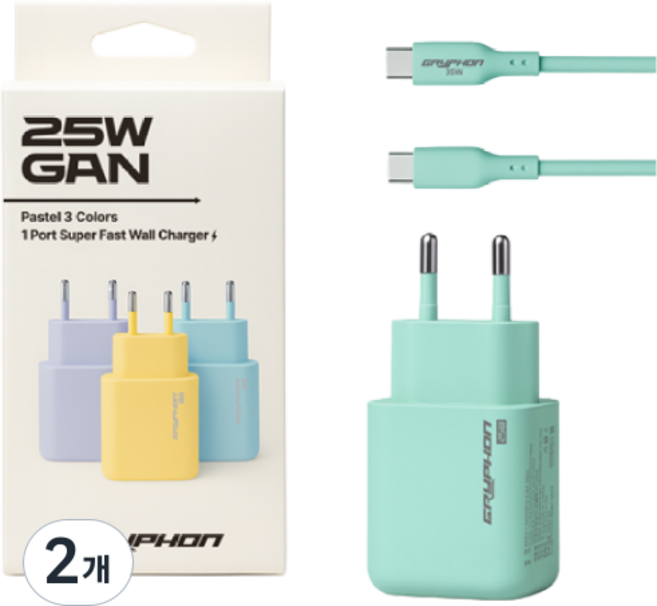 GRYPHON 25W 초고속 충전기 파스텔 3컬러 PD PPS C타입 케이블 포함, 2개, 민트