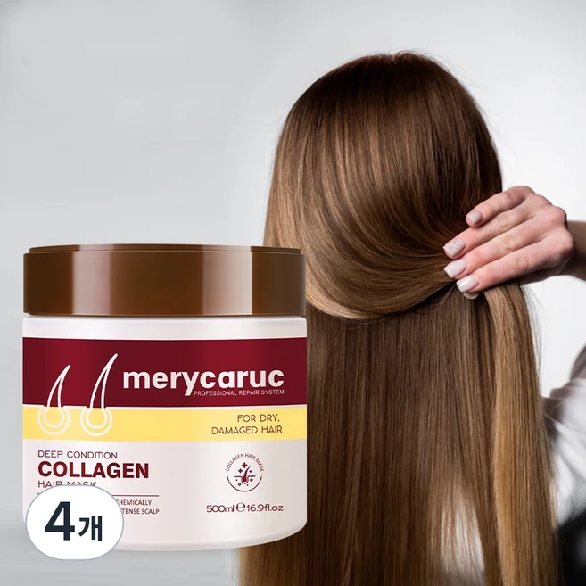 merycaruc 정품 하루 10분 건조 극손상모 복구 트리트먼트 푸석한 머리 관리 아르간오일 헤어팩 콜라겐 미용실 전용 고농축 단백질 헤어마카 상한머리 탄머리 케어, 4개, 500ml - 쿠팡