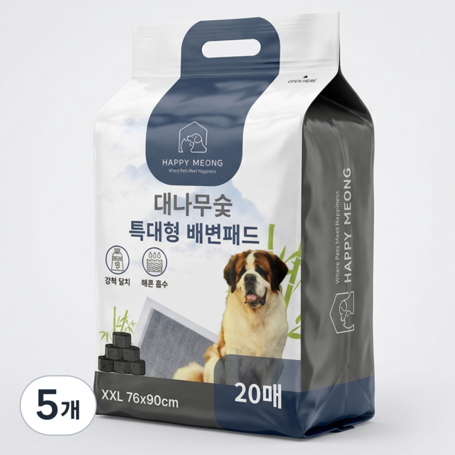 해피멍 강아지 배변패드 활성탄 대나무숯 특대형, 5개, 20개입