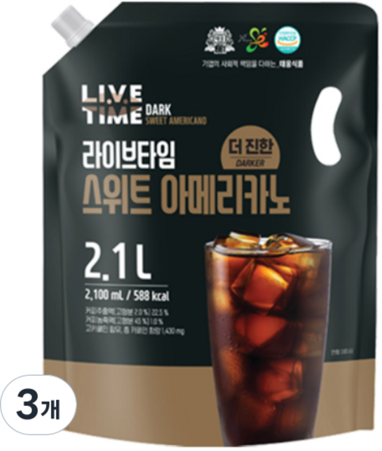 [태웅식품본사] 라이브타임 더진한 스위트아메리카노 '카페에서 마시던 달콤한 더진한 아이스커피' '가성비커피 끝판왕 대용량 홈카페 음료' '더진한 커피에 부드러운 단맛을 더하다', 2.1L, 3개
