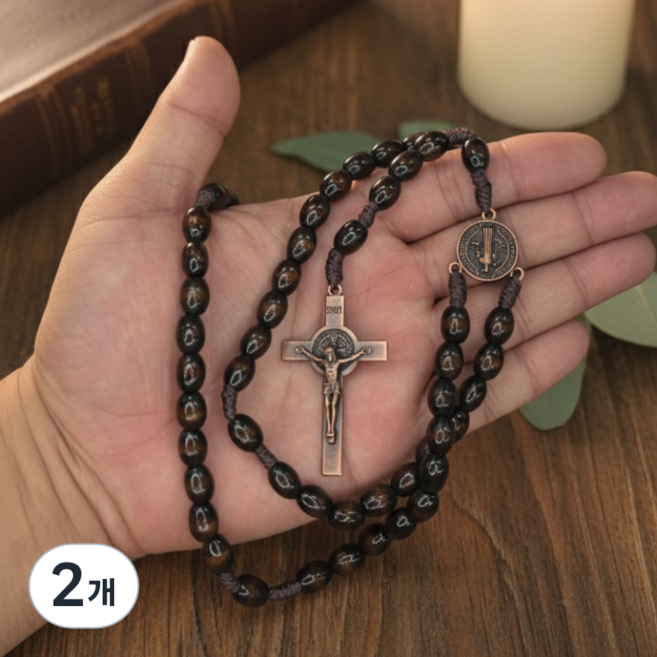 천주교 묵주 목걸이 나무 우드 성물 기도용 5단 목걸이 십자가, 2개, 다크우드