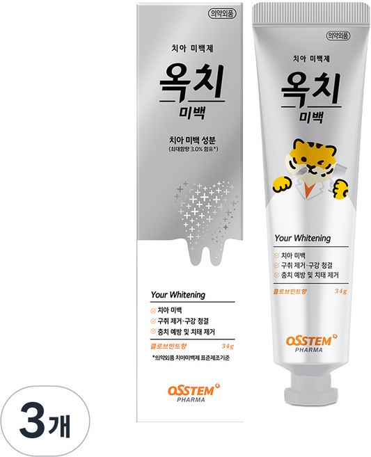 오스템 옥치 치아 미백미니치약 구취케어 잇몸 입냄새 구강청결 치태제거 클로브민트향, 3개, 34g