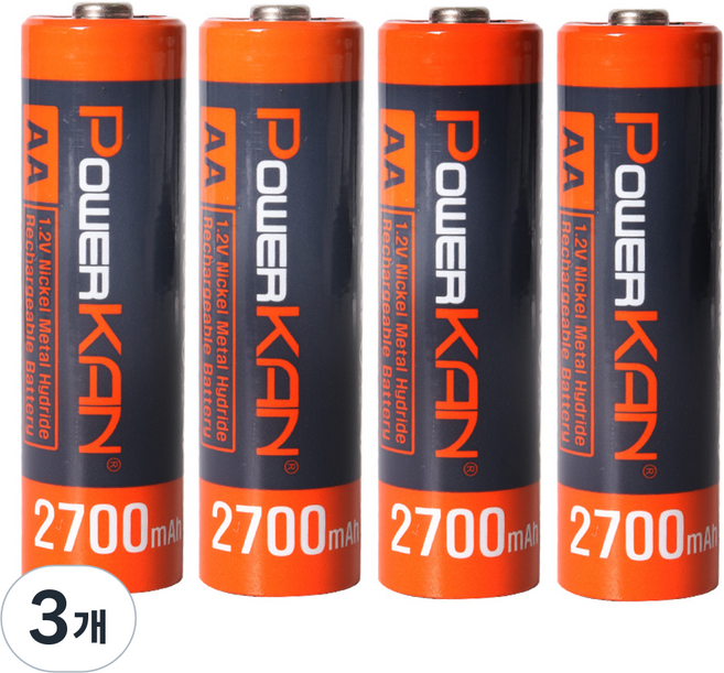 POWERKAN 고용량 AA 충전지 니켈수소 1.2V Ni-MH 2700mAh 건전지 수납케이스 포함, 3개, 4개입