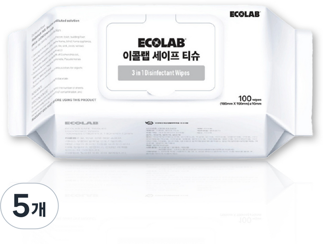 이콜랩 세이프 티슈 캡형/대용량 항균 99.99% 에탄올 손소독용 항균물티슈, 5개, 100매