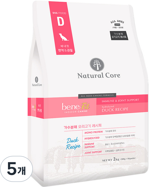 네츄럴코어 베네핏 가수분해 강아지 눈물사료, 오리, 2kg, 5개