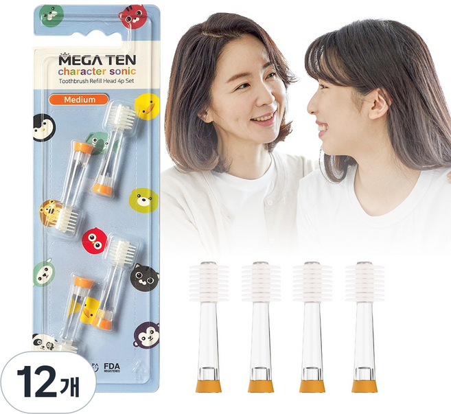 메가텐 키즈 캐릭터소닉 360도 음파진동 칫솔 리뉴얼 리필 미디움 4P, 12개, 리필 헤드 1P