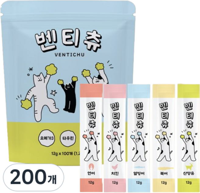 벤티츄 짜먹는 고양이간식 대용량, 200개, 12g, 혼합맛(북어/산양유/열빙어/연어/치킨)
