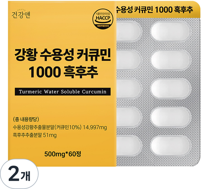 강황 수용성 커큐민 1000 흑후추 식약청인증 HACCP 건강앤, 60정, 2개
