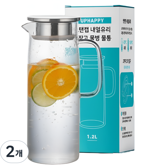 유피해피 스탠캡 내열유리 냉장고 물병 물통, 2개, 1200ml, 유피 투명