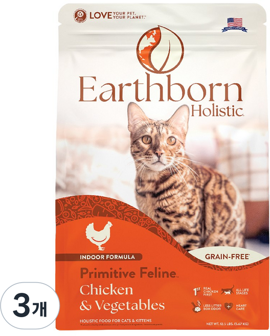 어스본 홀리스틱 프리머티브 필라인 그레인프리 고양이사료, 닭, 5.67kg, 3개