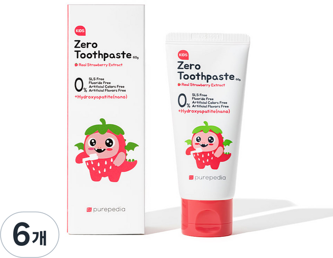 키즈 제로치약 아기 유아 돌 주니어 어린이 무불소 딸기향 올인원 불소없는 나노하이드록시아파타이트 치약, 60g, 6개
