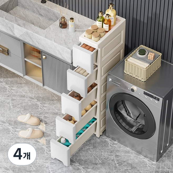 상덕 틈새 수납장 이동식 슬림 플라스틱 서랍장, 4개, 화이트