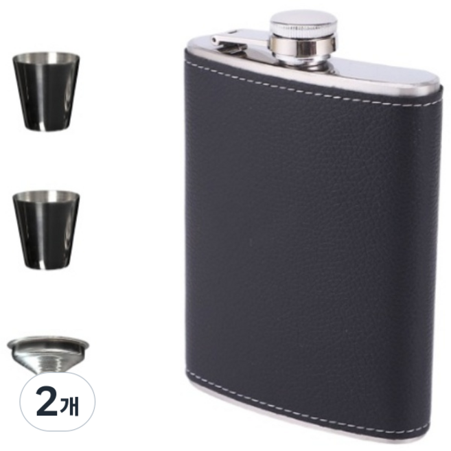 씨엔와우 힙플라스크 휴대용 포켓 술병 위스키 소주 보틀 스테인레스 8oz ( 230ml ), 2개, 가죽 블랙