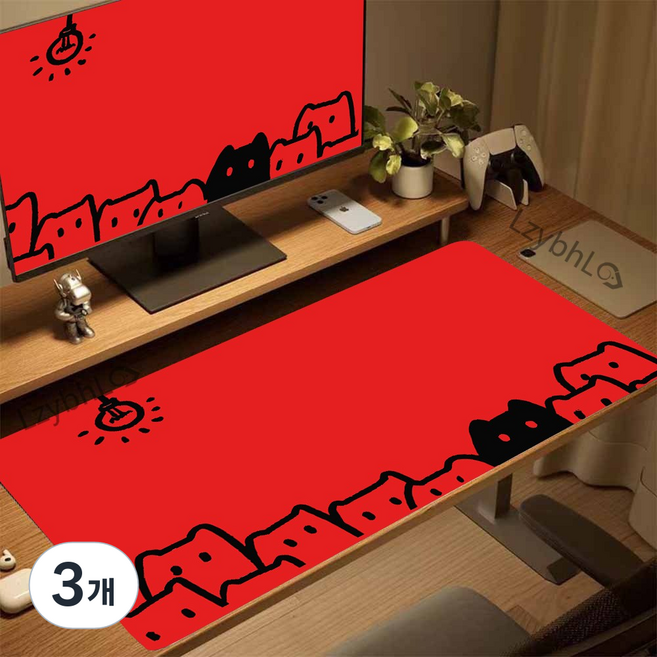 게이밍 장패드 고양이 캐릭터 마우스패드 방수코팅 400X900X3MM, 3개, 진홍색