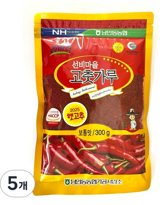 [남안동농협] 선비마을 100%국산 고춧가루 보통맛, 300g, 5개