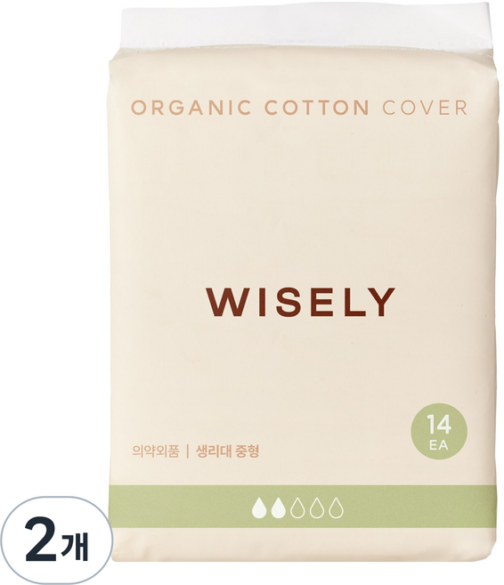 와이즐리 날개까지 OCS 인증 유기농 순면커버 생리대, 2개, 14개입, 중형