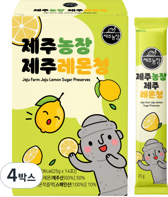 제주농장 제주 레몬청 스틱 제주산 레몬 50% 유기농 NFC 레몬착즙 10%, 4박스, 14개입, 350g