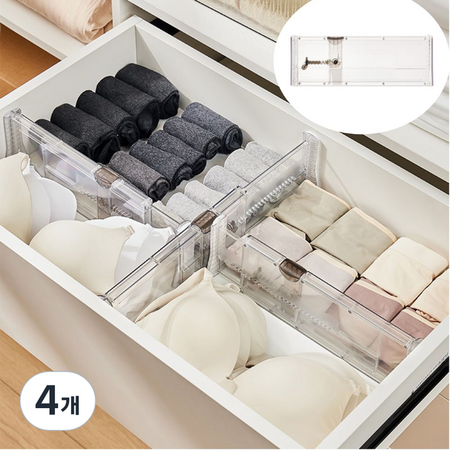 Dnc 길이조절 서랍 칸막이 파티션(와이드롱 대형 깊은서랍용), 투명, 4개