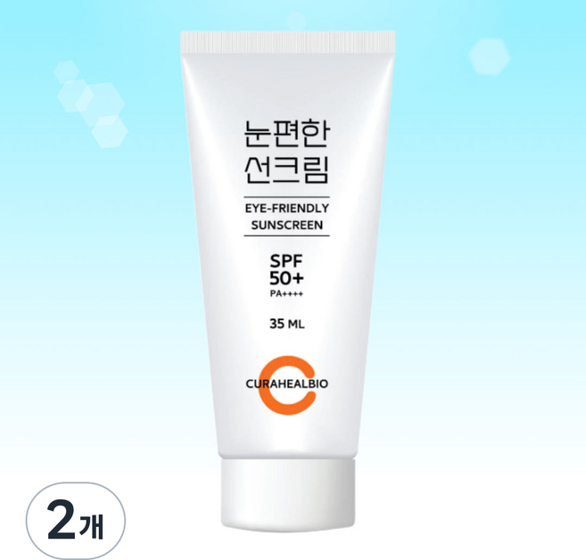 눈시림없는 눈편한 선크림 SPF50+ PA++++ 무백탁 저자극 눈편한썬크림 | 큐라힐바이오, 2개, 35ml