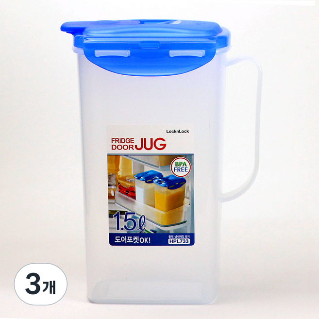 락앤락 이지그립 냉장고 물통 손잡이 도어포켓 슬림 물병, 1500ml, 3개