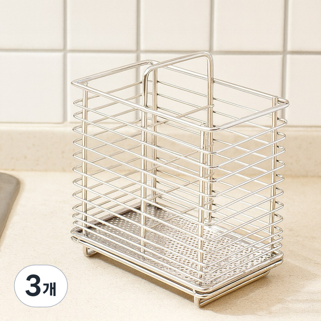 필굿리빙 고급 스텐 와이어 수저통 꽂이 2호, 3개, 실버