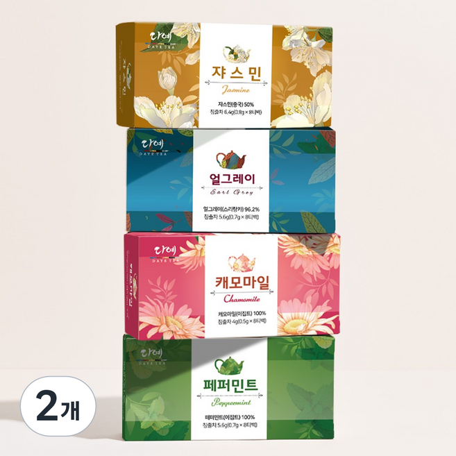 [본사직영] 다예 건강한 하루차 티타임 4종(쟈스민8T+얼그레이8T+캐모마일8T+페퍼민트8T), 2개, 32개입, 21.6g
