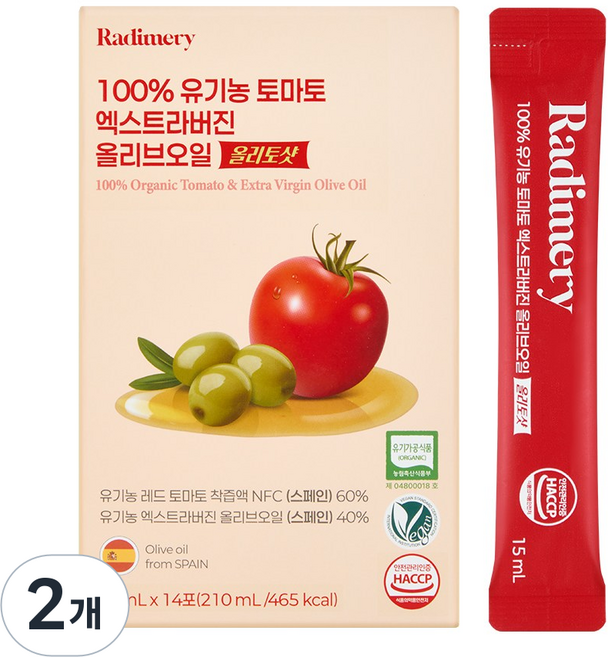 라디메리 100% 유기농 토마토 엑스트라버진 올리브오일 올리토샷 14포, 2개, 210ml