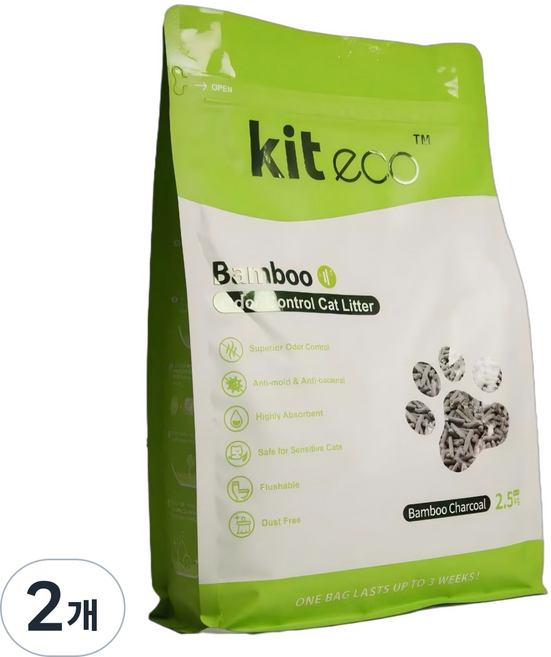 탈취/제취 고양이 모래 대나무 섬유 숯 성분 강력 흡수 & 무분진 포뮬러 변기 배출 가능 & 친환경 생분해, 대나무 숯내, 2개, 2.5kg