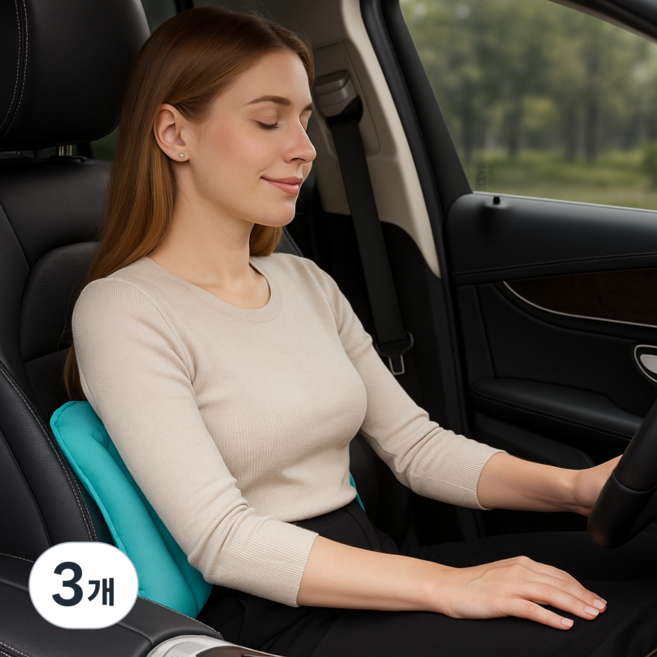 더하임 에어펌프 휴대용 기내용 차량용 허리쿠션 방수파우치포함, 3개, 블루