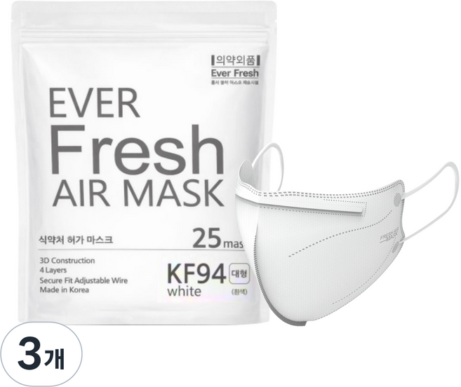 KF94 대형 에버프레쉬 에어 새부리형 마스크 지퍼백, 25매입, 3개, 화이트