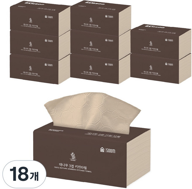 SOOM 뽑아쓰는 뱀부 키친타올 3겹 100매 9팩 팝업 키친타올, 18개