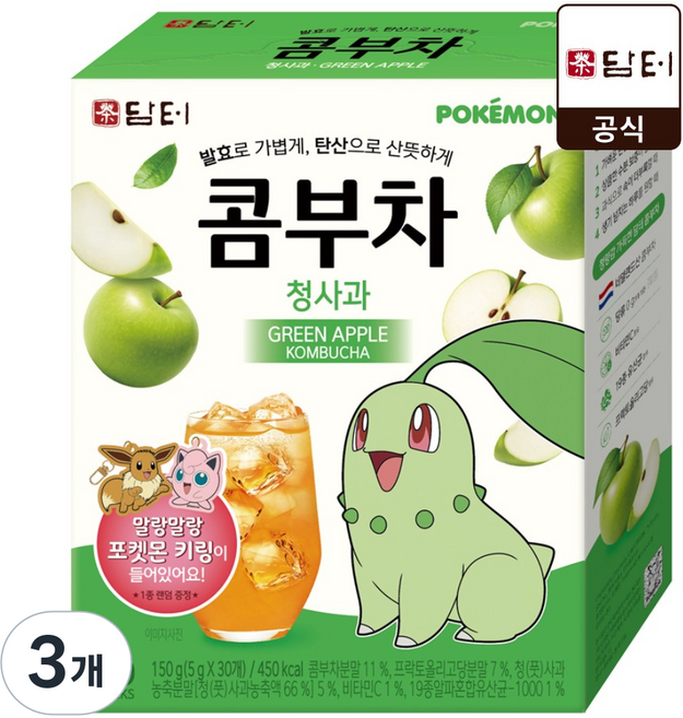담터 포켓몬 콤부차 청사과맛, 3개, 30개입, 5g