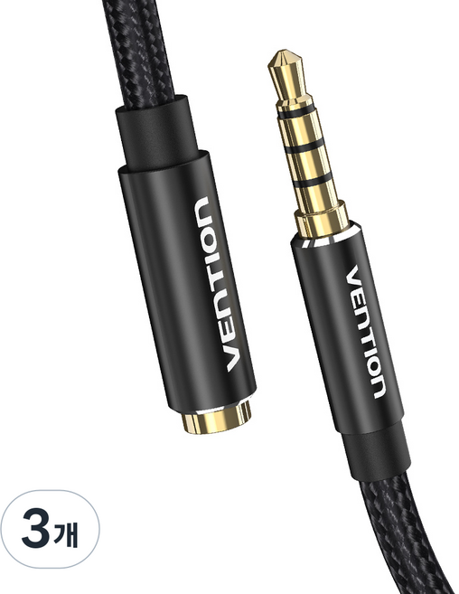 벤션 4극 TRRS 스테레오 AUX 연장케이블 블랙 BHC, 3m, 3개