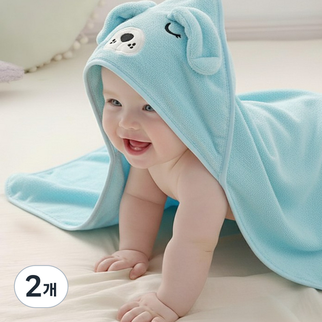 에뜨람 아기 목욕타올 샤워가운 수건 신생아 순면 베이비 후드 비치 KC인증상품, 퍼피 블루_목욕타올, 2개