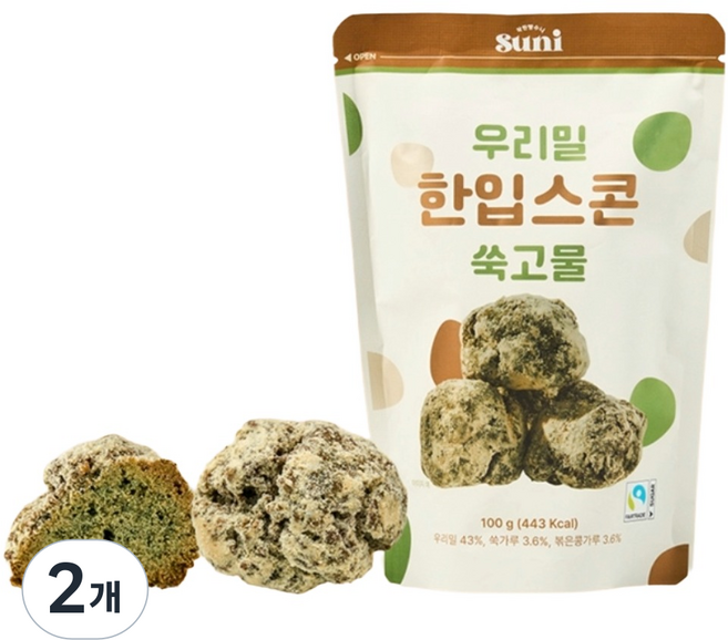 착한빵수니 우리밀 한입스콘 쑥고물 100% 우리밀 공정무역 건강한 한입 간식 쑥인절미맛 쑥스콘, 100g, 2개